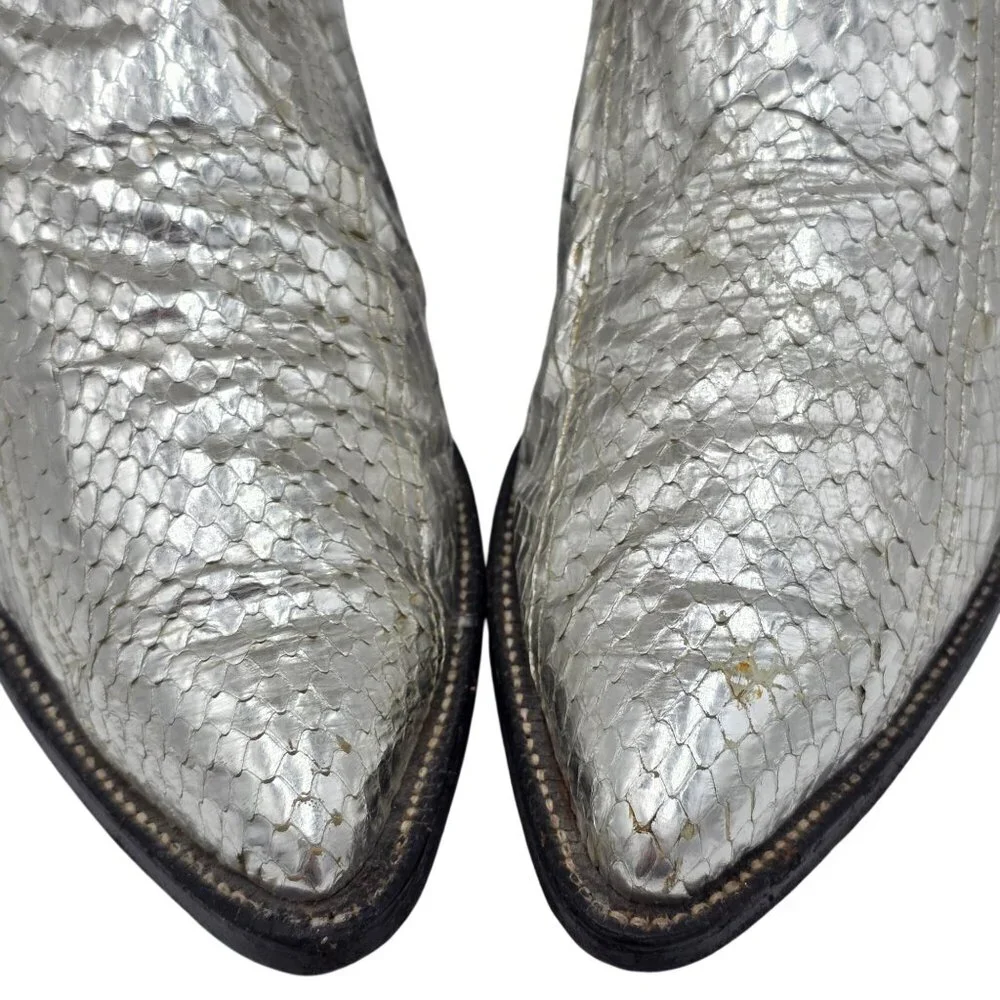 Vintage 1970s Mens 11D Larry Mahan Silver Metallic Snakeskin Cowboy Boots Rare - Picture 14 of 16